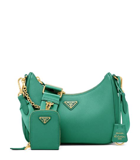 prada green safiano medium handbag bag with shoulder strap|Prada bag re edition.